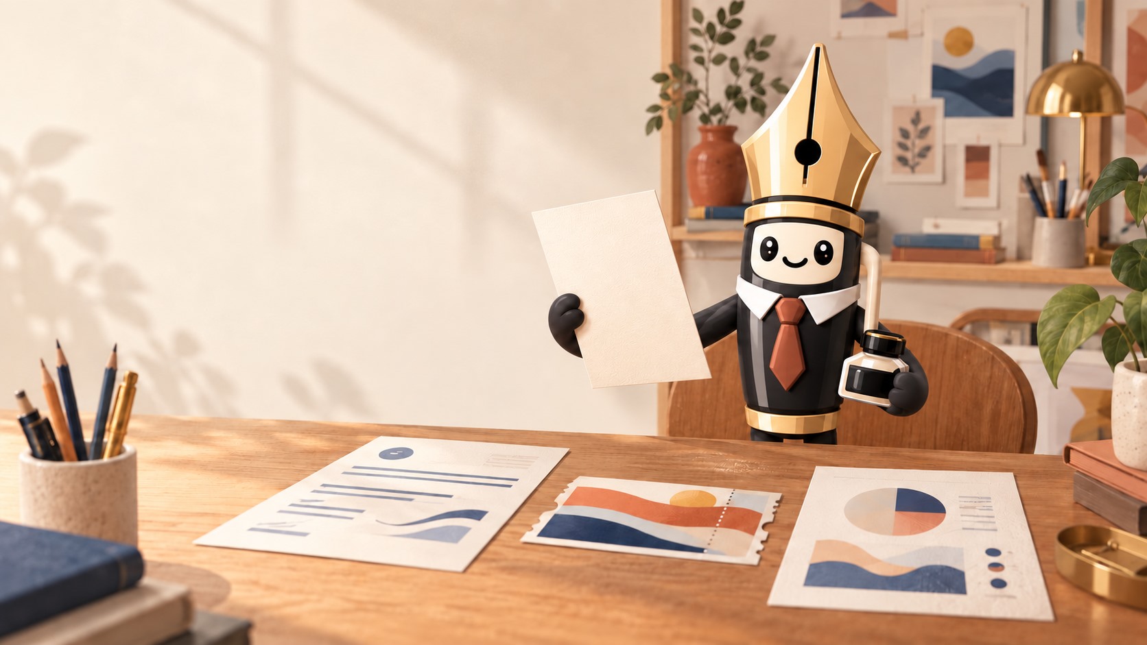 InkSmith pen mascot arranging documents in a warm studio.