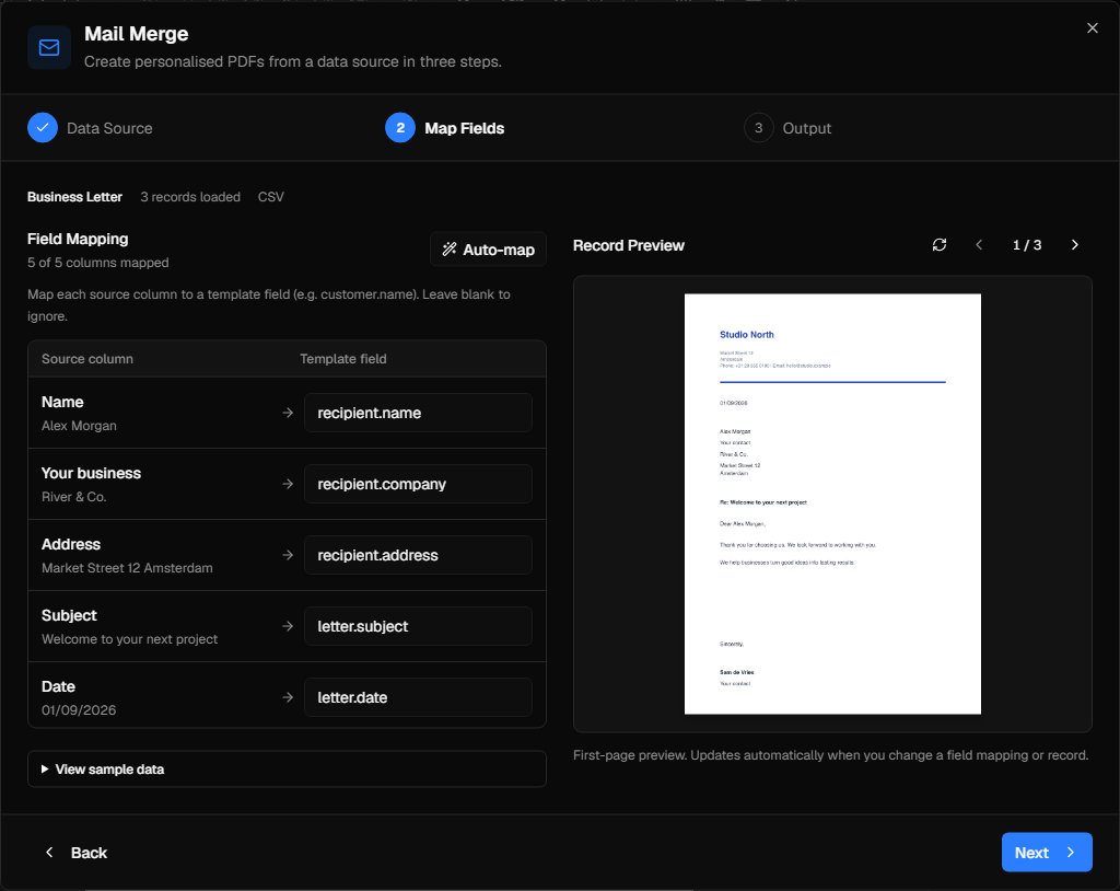 InkSmith mail merge preview with source records