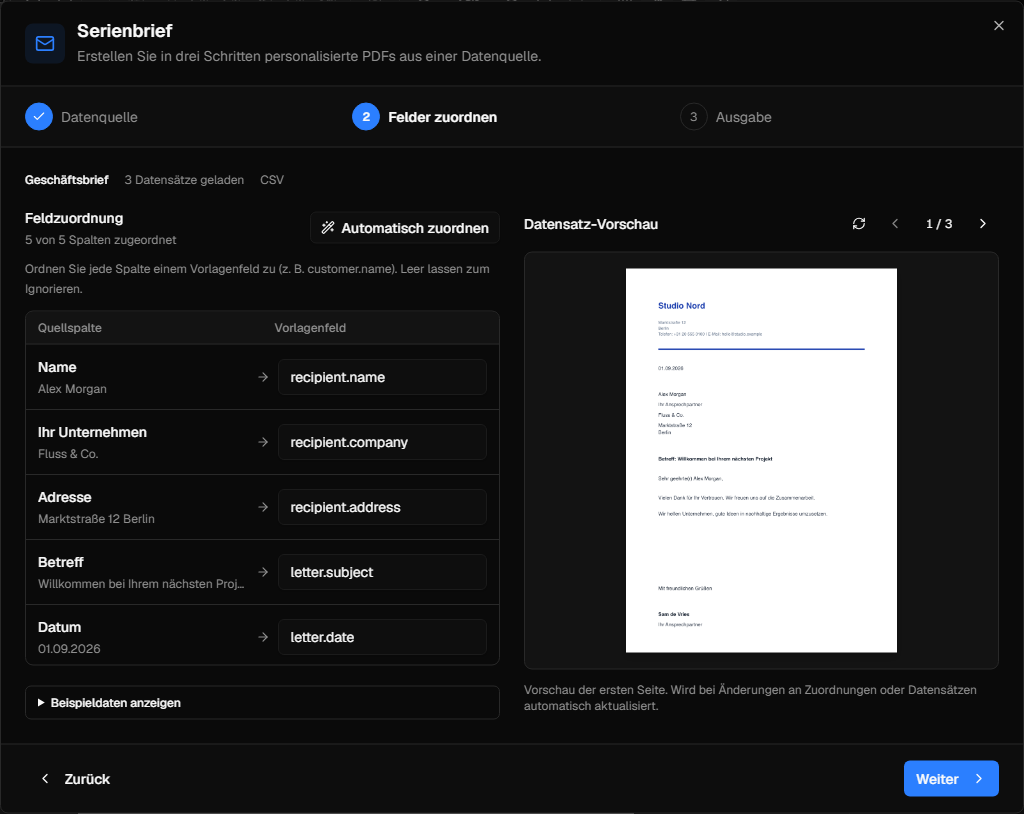 InkSmith Mail Merge Preview mit Quelldaten