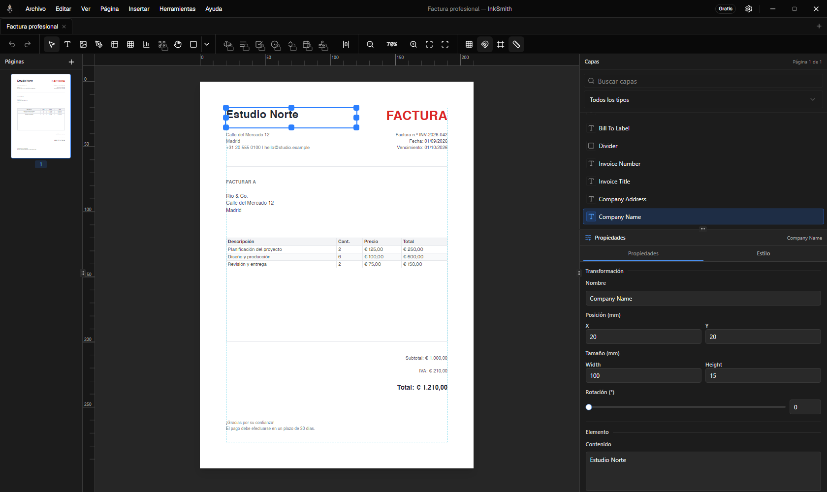 Editor visual InkSmith con tela, capas y propiedades