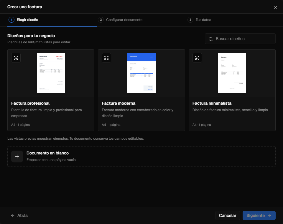 El nuevo asistente de documentos InkSmith con opciones de plantilla