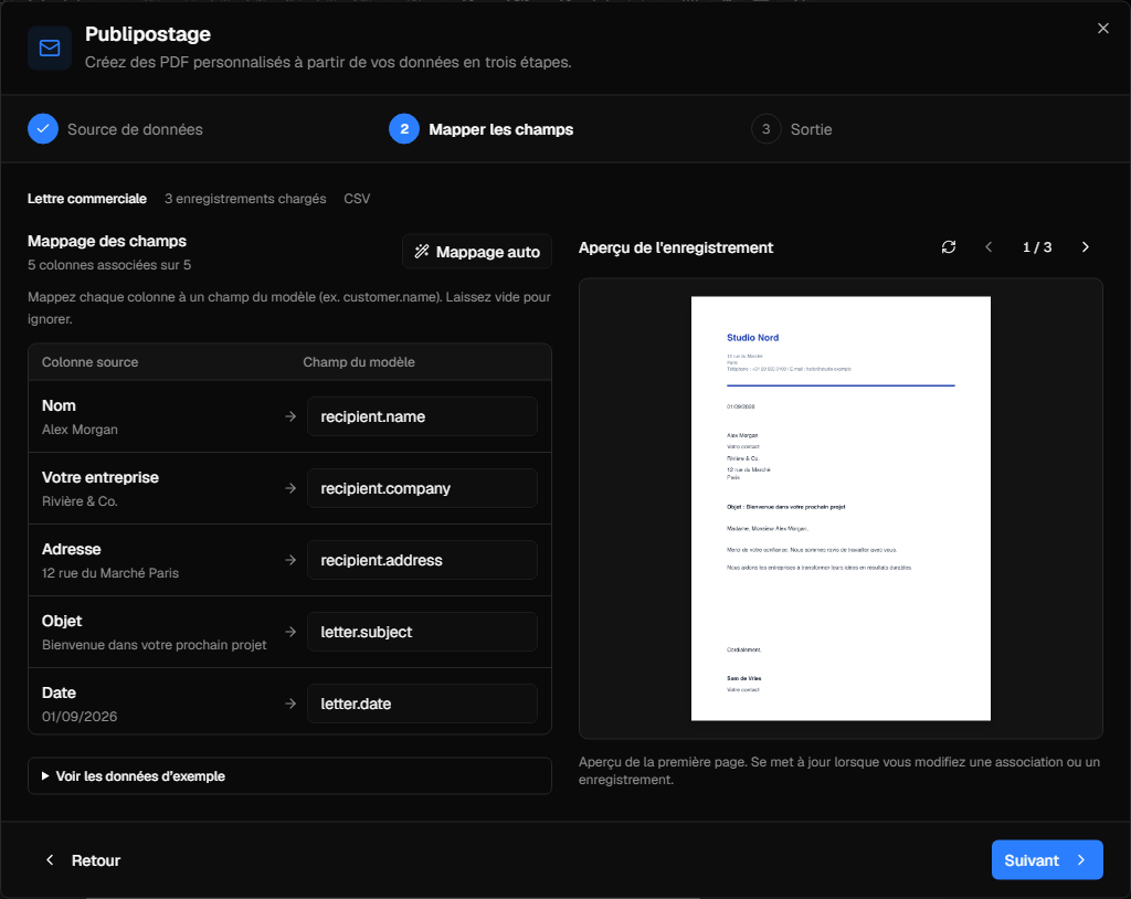 InkSmith prévisualiser la fusion des messages avec les enregistrements sources