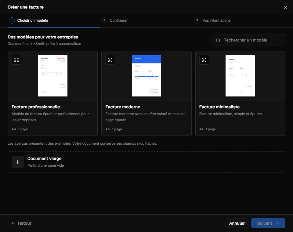 Le nouvel assistant de document InkSmith avec des choix de modèles