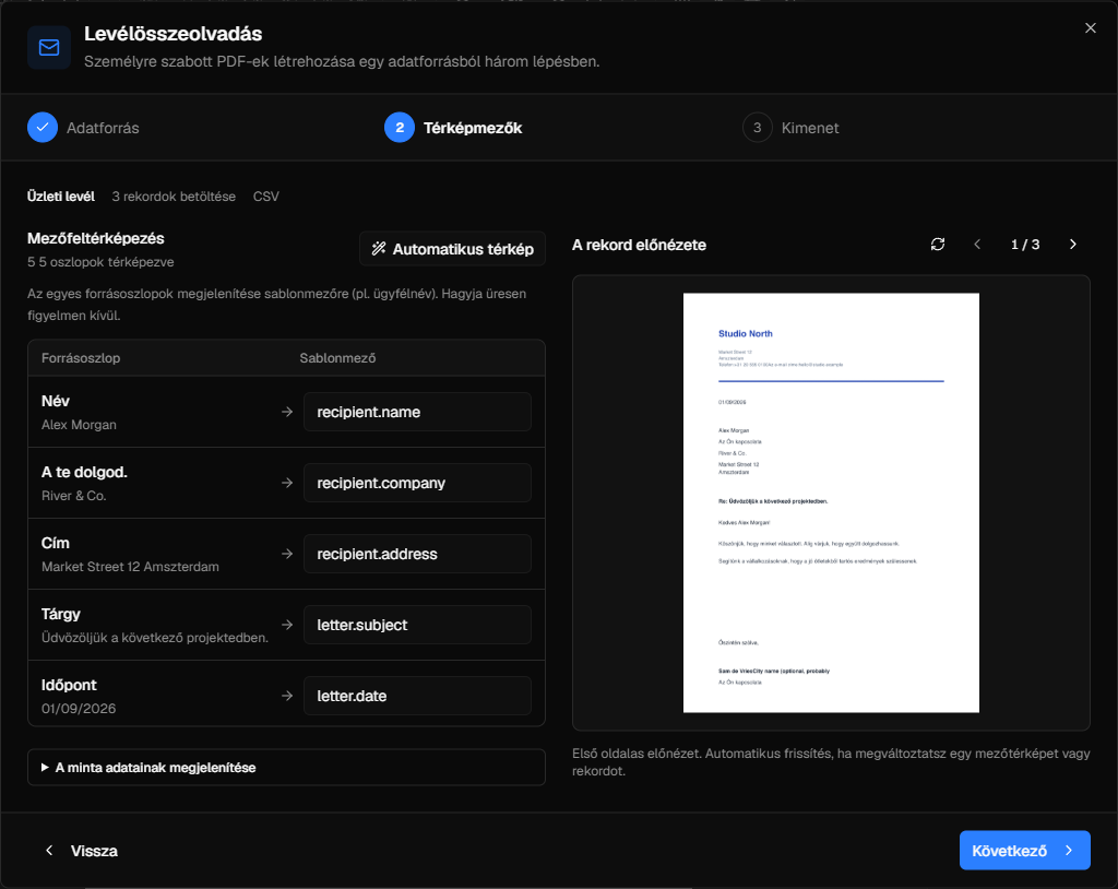 InkSmith mail egyesítse az előnézetet a forrásadatokkal