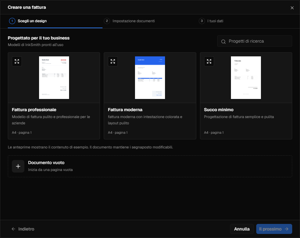 La procedura guidata del nuovo documento InkSmith con le scelte dei modelli