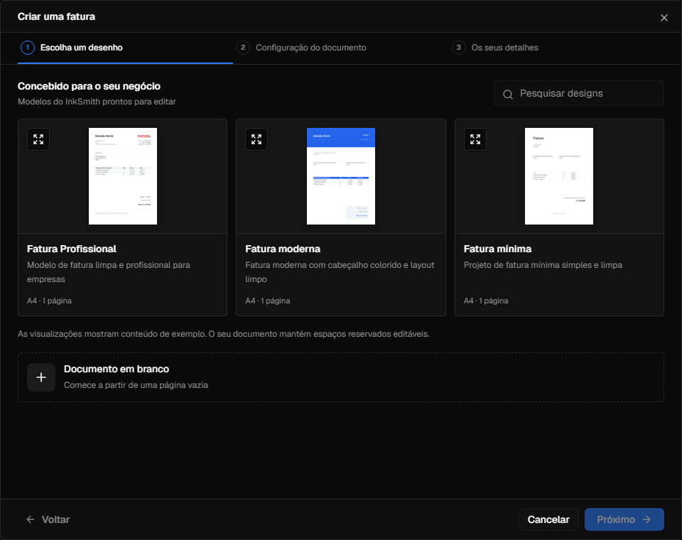 O assistente de documentos novo InkSmith com opções de modelo