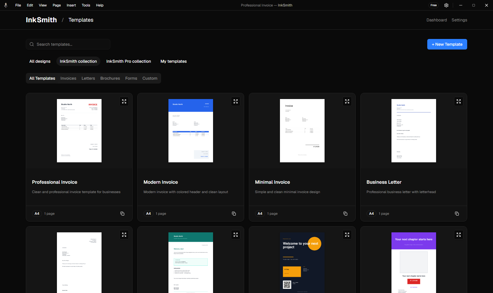 InkSmith template library with document previews